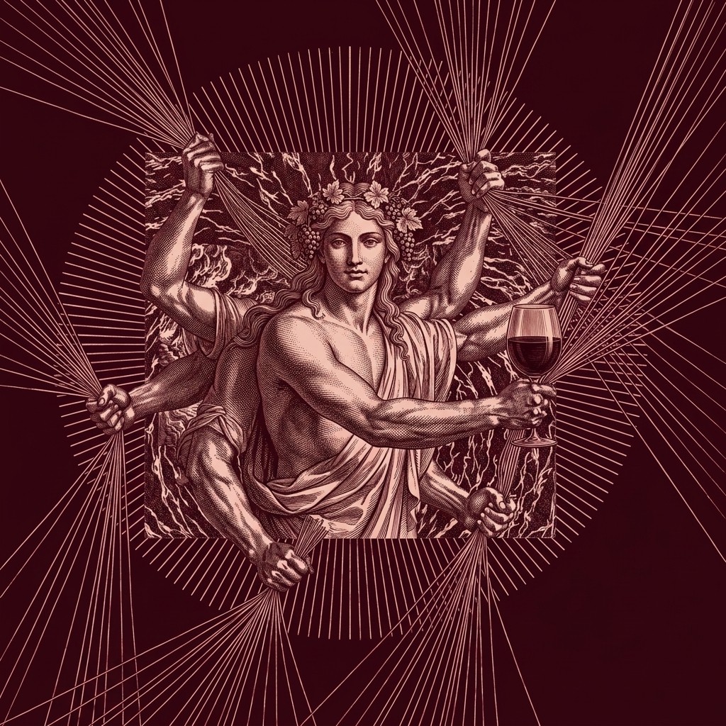 Gravure : Bacchus à six bras, couronné de pampres, un verre de vin à la main